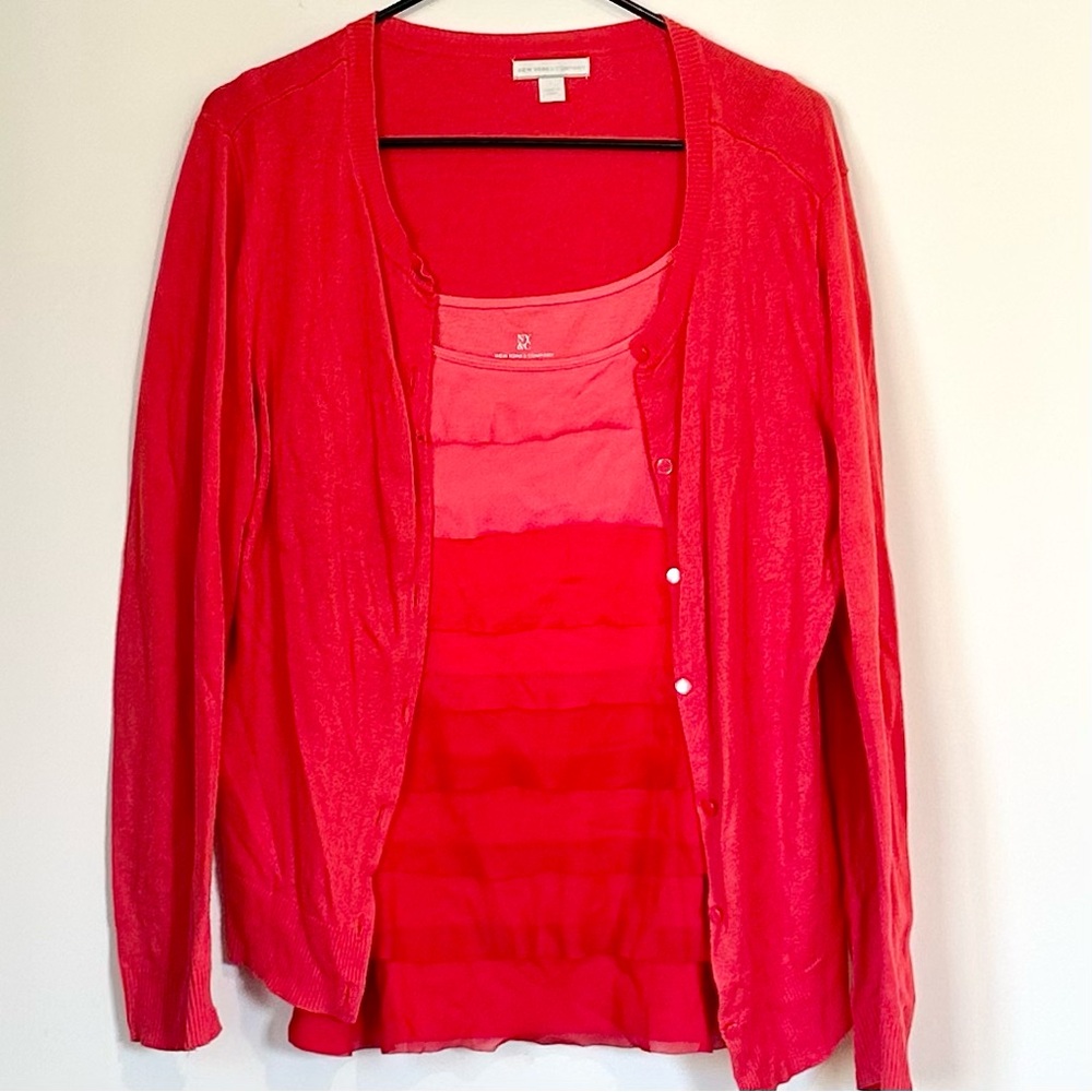 New York & Company Vibrant Red Cardigan and Tank Top Set - Size: Large